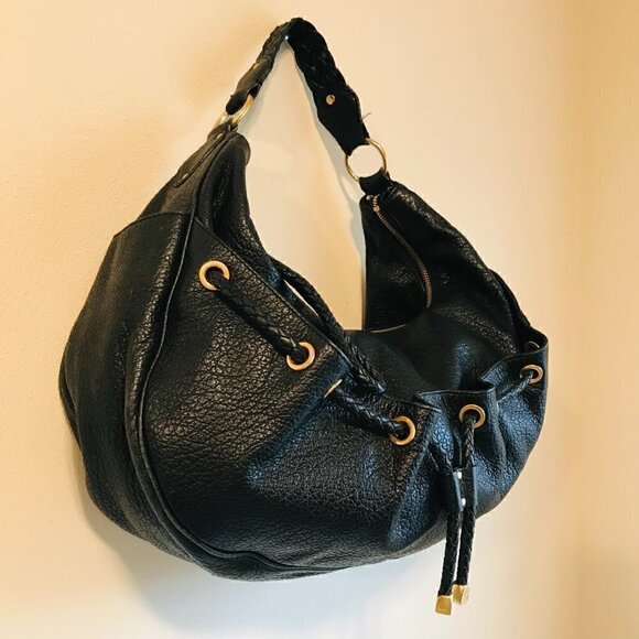 Michael Kors Black Pebbled Leather Braided Drawstring Hobo Shoulder Bag - Picture 2 of 9